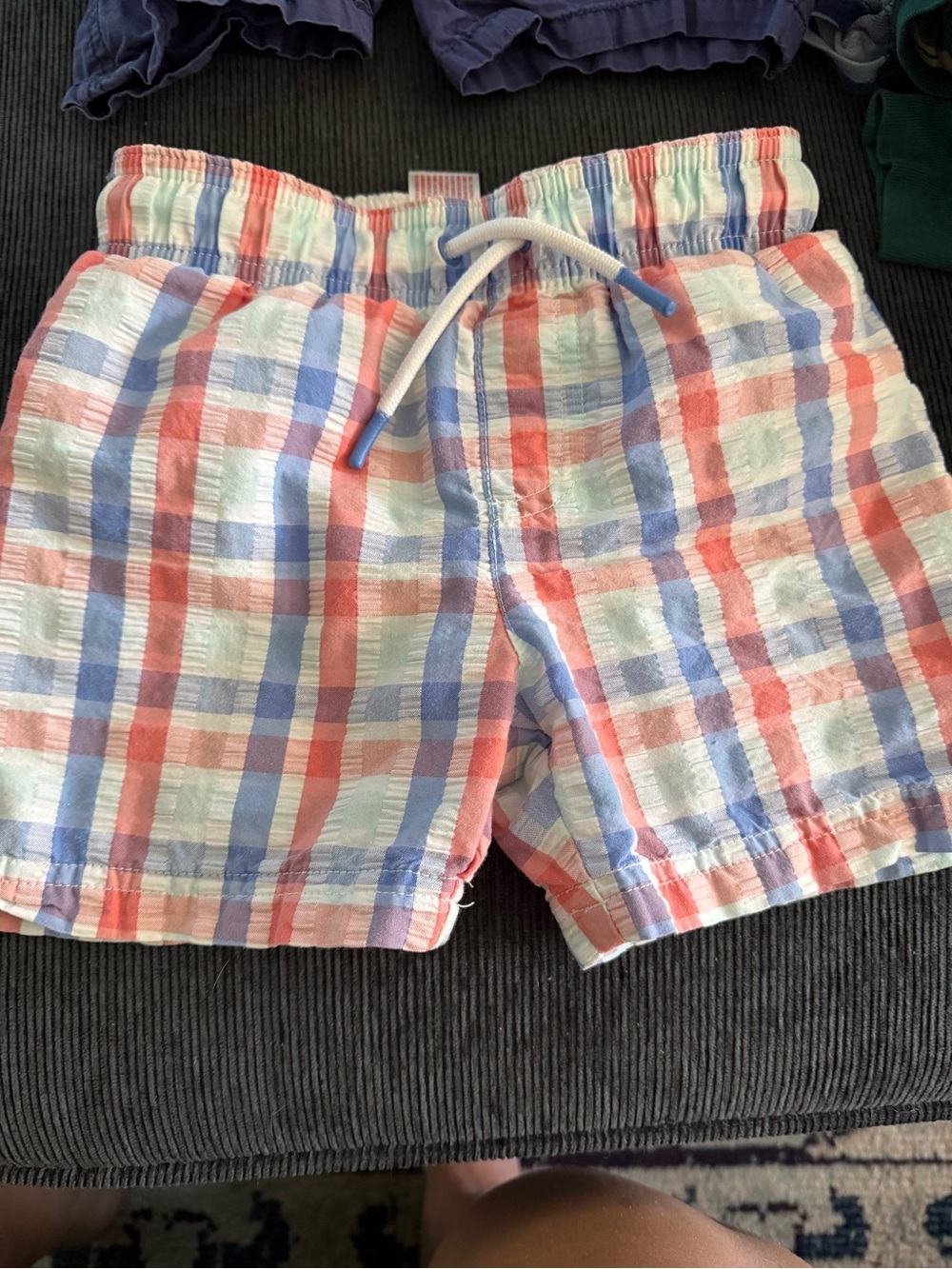 Cat & Jack Boys Plaid Swim Trunks in Coral, Light Blue & White